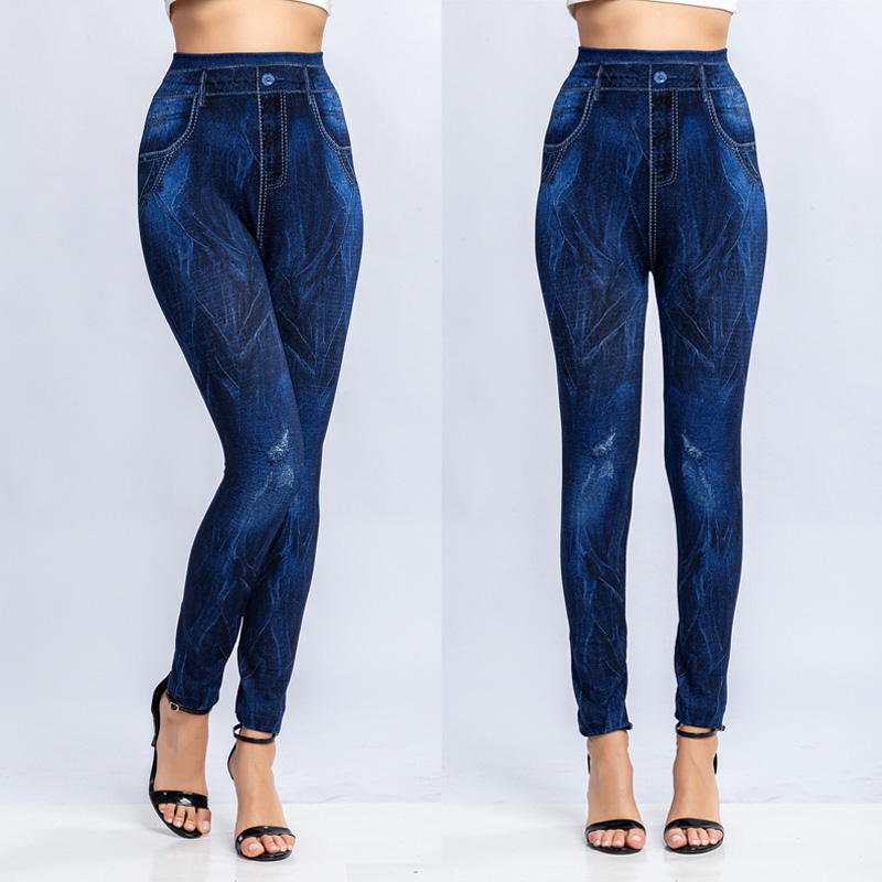 legginsy imitacja jeans gniecione wysoki stan niebieski L065 - 4