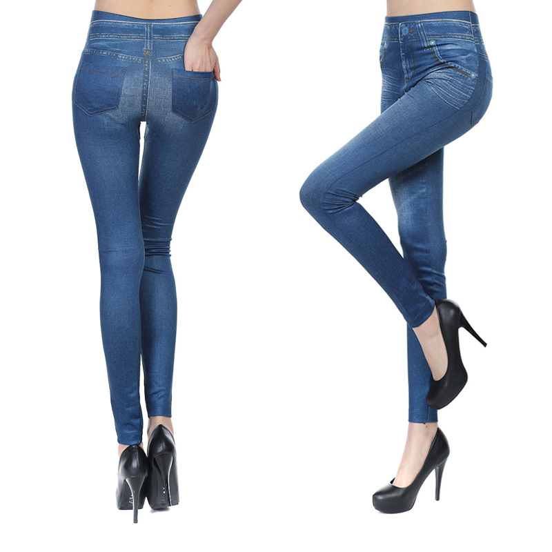 legginsy imitujące jeansy kieszonka wysoki stan niebieskie L055 - 4