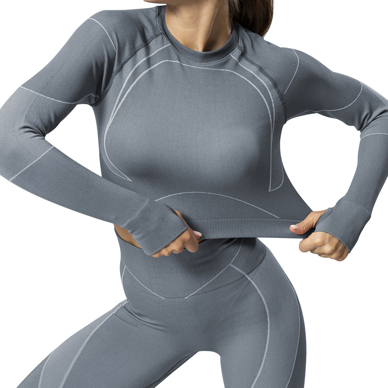 komplet sportowy na silownię z przeszyciami legginsy top długi rękaw - 2