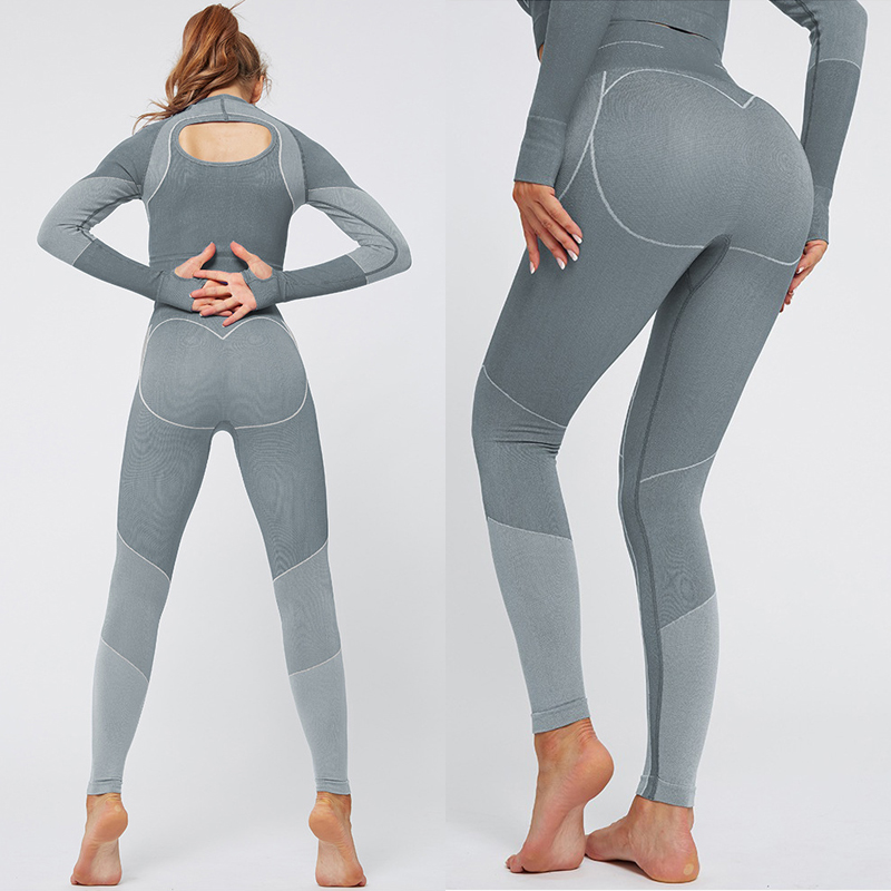 komplet sportowy na silownię z przeszyciami legginsy top długi rękaw - 3