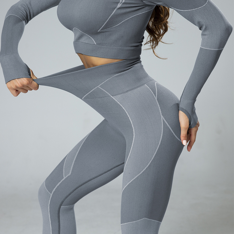 komplet sportowy na silownię z przeszyciami legginsy top długi rękaw - 5