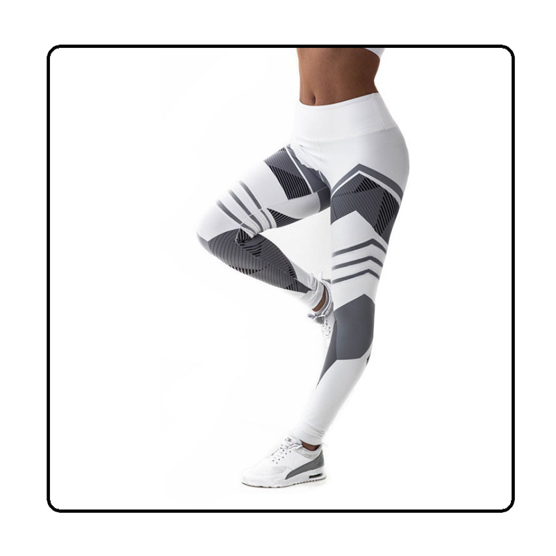 legginsy geometryczne wysoki stan białe szare L086 - 1