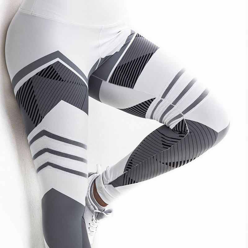 legginsy geometryczne wysoki stan białe szare L086 - 10