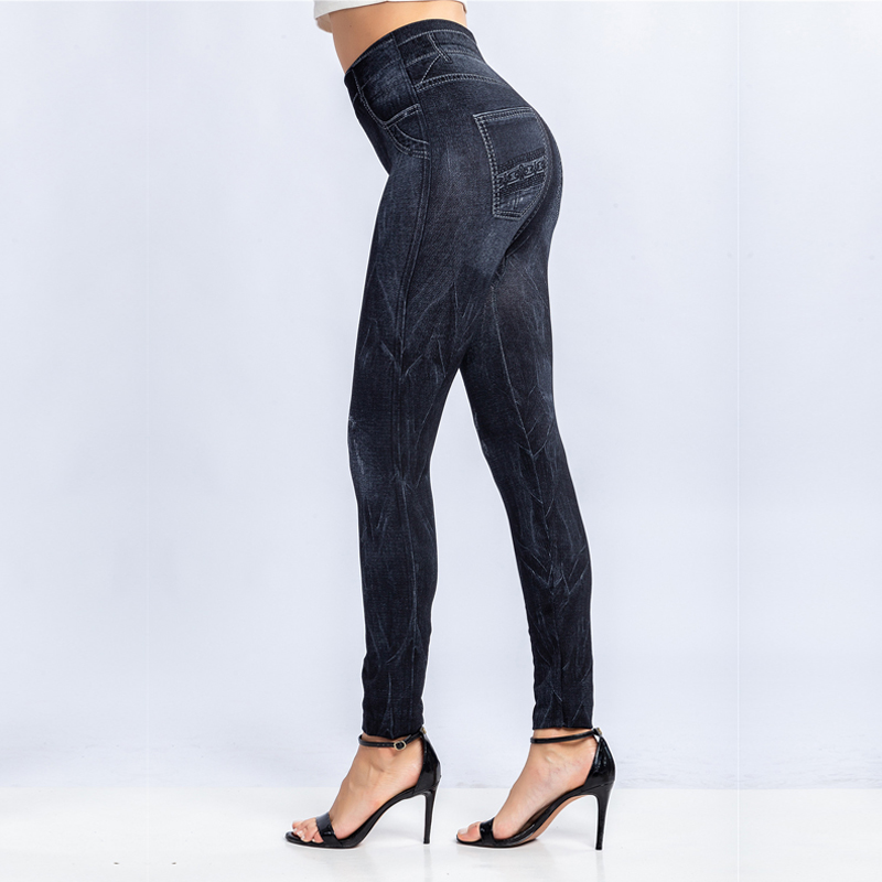 legginsy imitacja jeans gniecione wysoki stan czarne L087 - 2