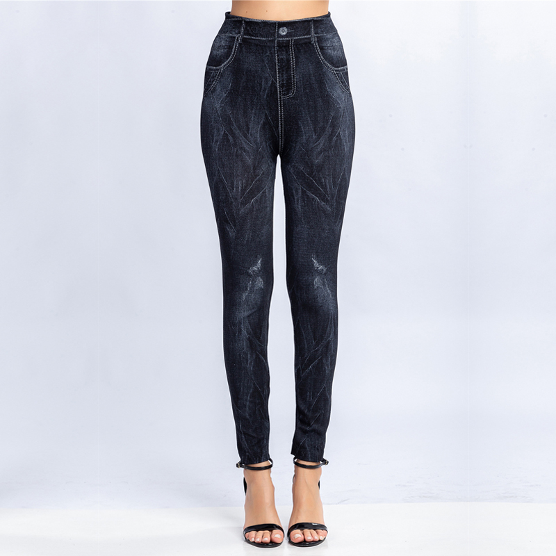 legginsy imitacja jeans gniecione wysoki stan czarne L087 - 4